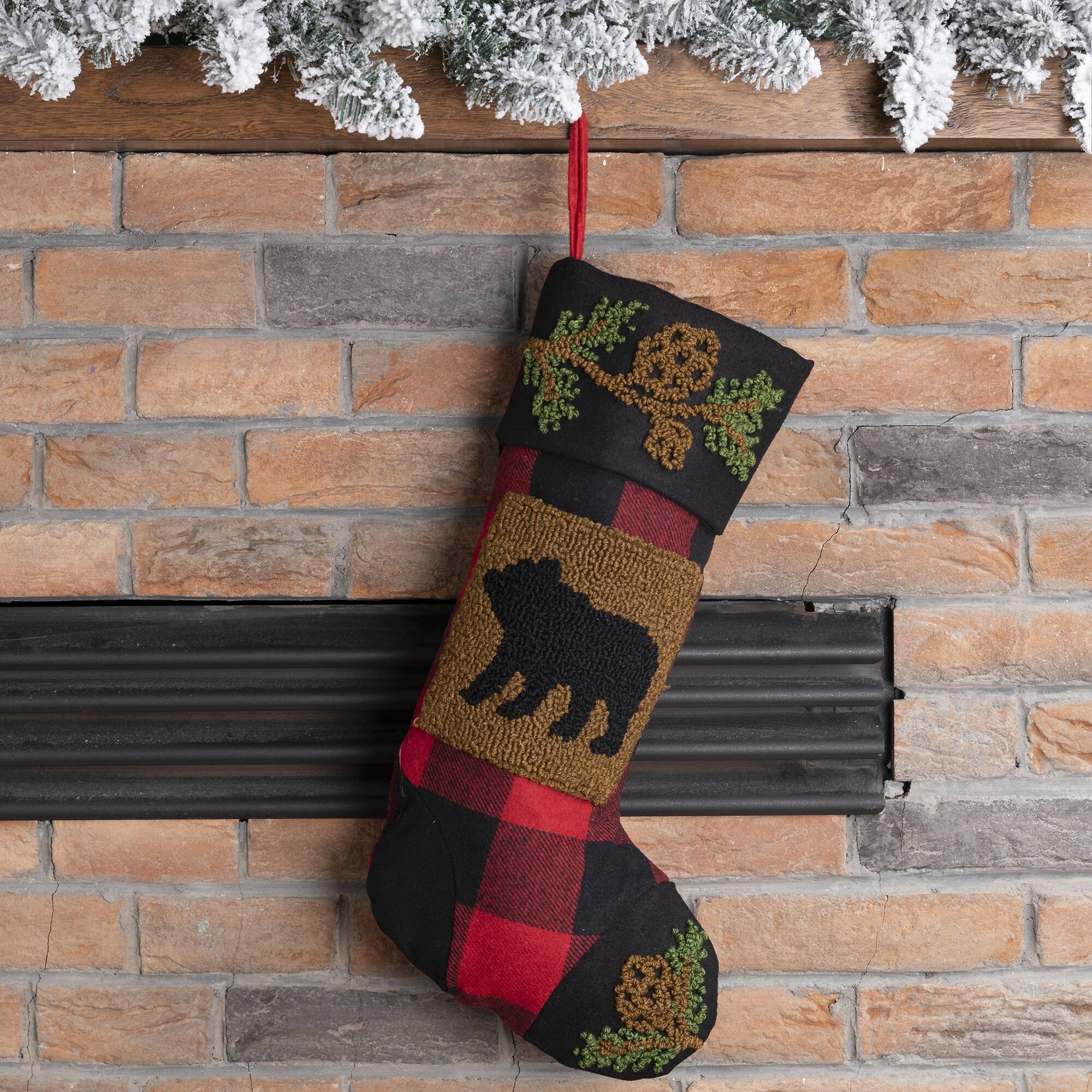 Glitzhome® 19" Plaid Hooked Bear Rug Stocking